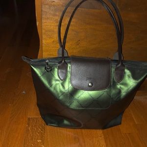 Longchamp LM Metal Equestrian Tote Shoulder Bag Shiny Petrol Blue medium